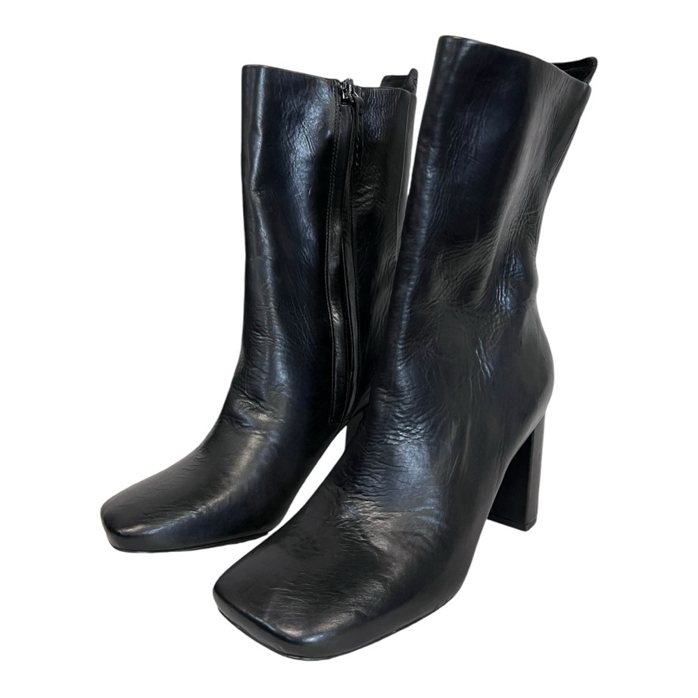 SARTO | A-Binnie Black Leather Heel Square Toe Ankle Zipper Booties 6